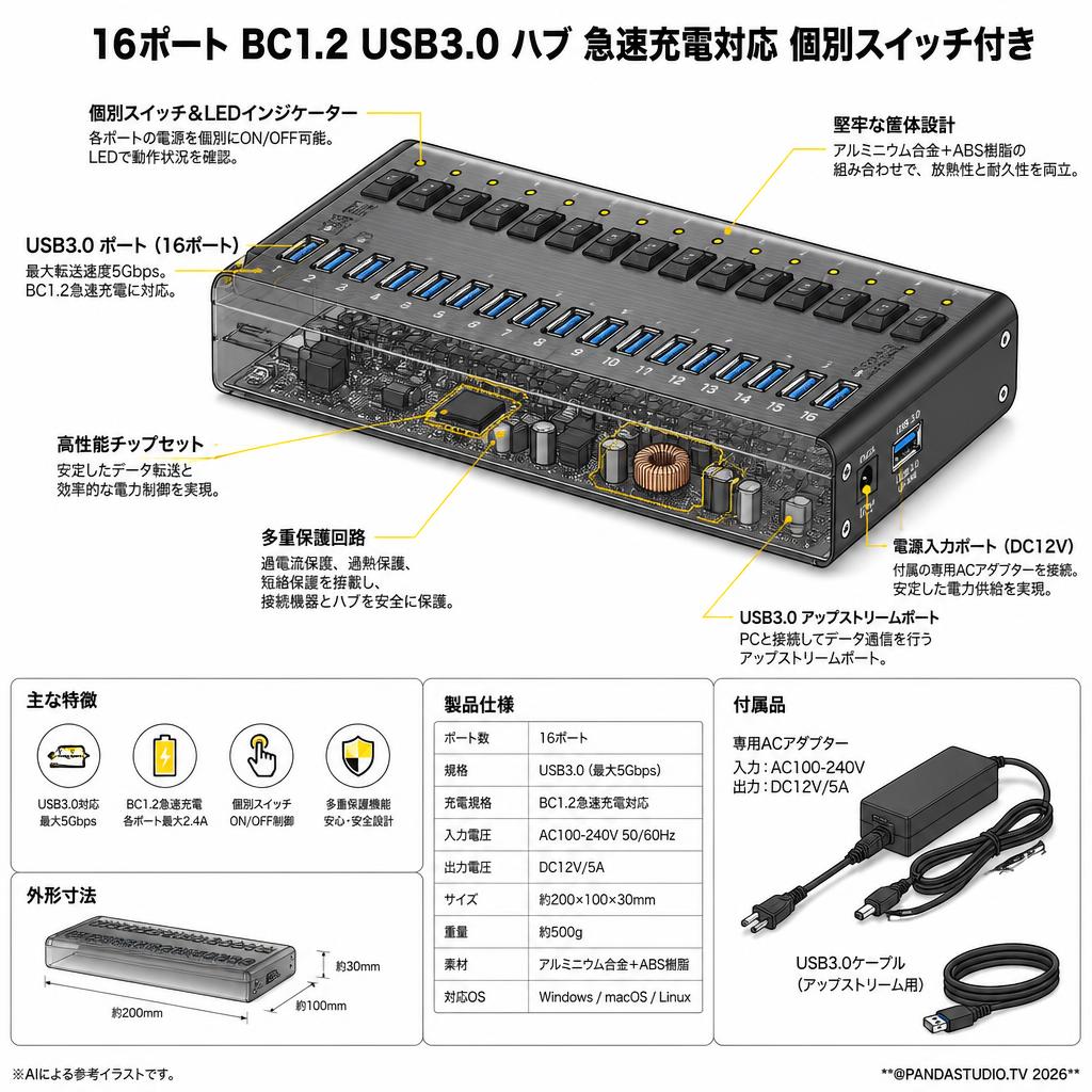 16ポート BC1.2 USB3.0 ハブ 急速充電対応 個別スイッチ付き スペック