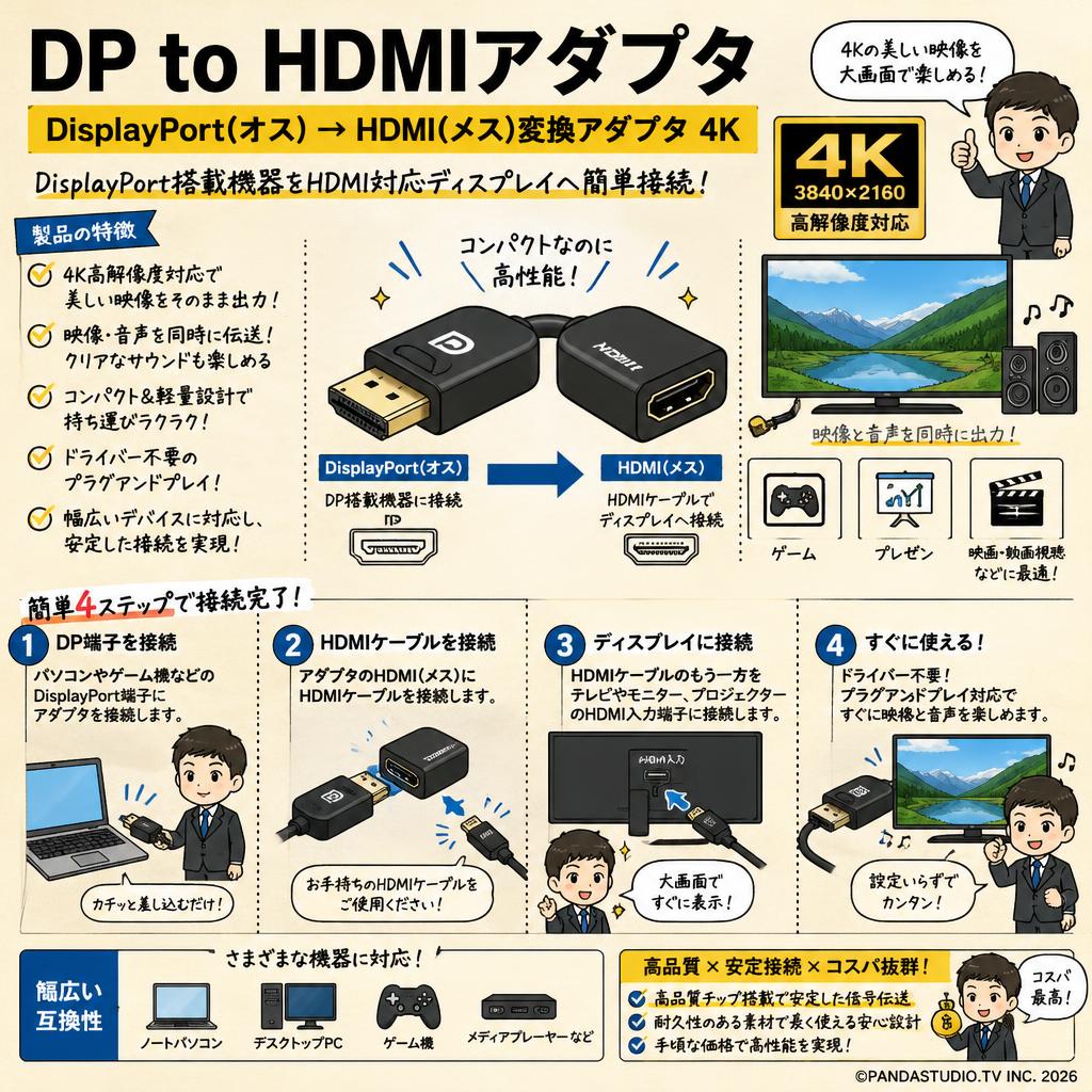 DP to HDMIアダプタ  DisplayPort(オス) → HDMI(メス)変換アダプタ 4K 概要