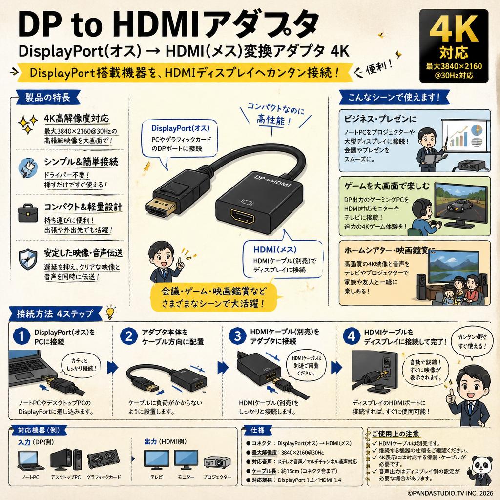DP to HDMIアダプタ  DisplayPort(オス) → HDMI(メス)変換アダプタ 4K おもな対象のお客様