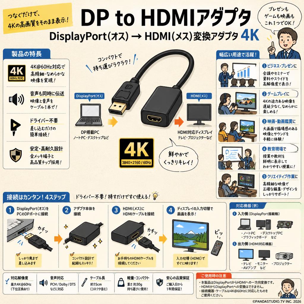DP to HDMIアダプタ  DisplayPort(オス) → HDMI(メス)変換アダプタ 4K 用途