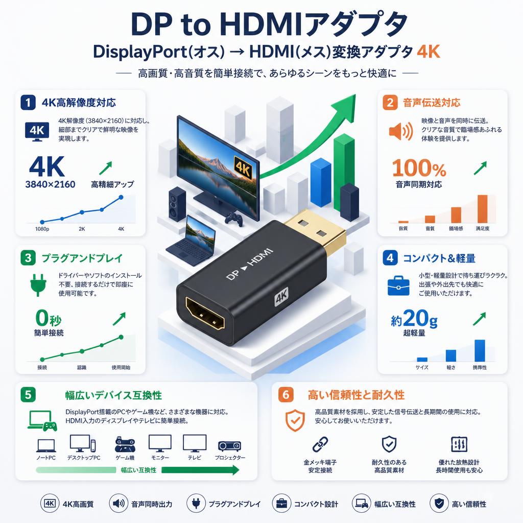 DP to HDMIアダプタ  DisplayPort(オス) → HDMI(メス)変換アダプタ 4K セールスポイント