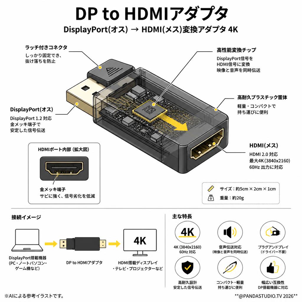 DP to HDMIアダプタ  DisplayPort(オス) → HDMI(メス)変換アダプタ 4K スペック