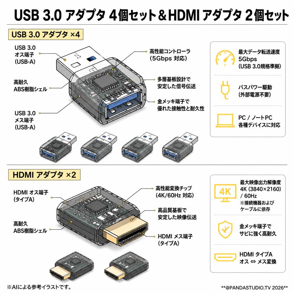USB 3.0 アダプタ 4個セット＆HDMI アダプタ 2個セット スペック