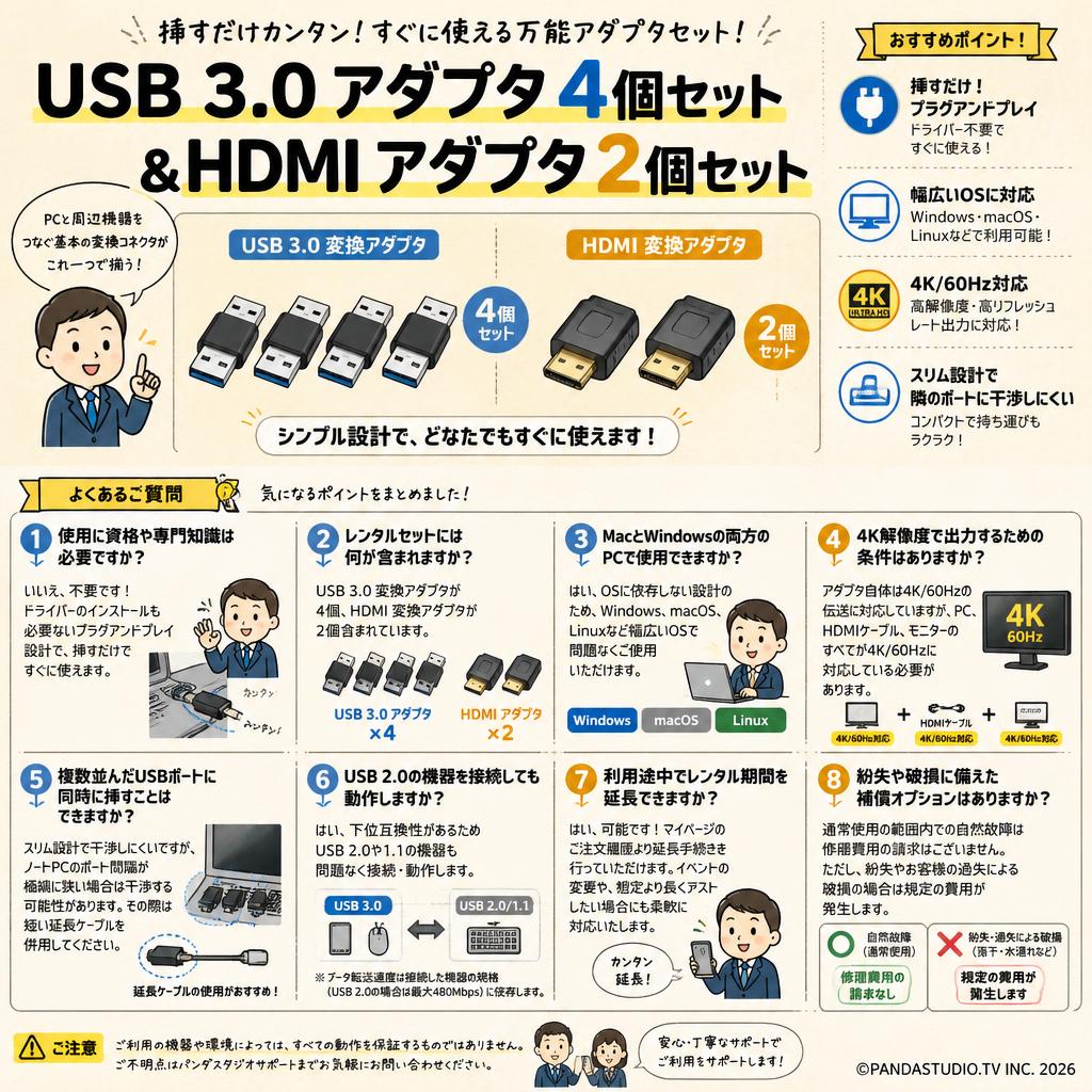 USB 3.0 アダプタ 4個セット＆HDMI アダプタ 2個セット FAQ（よくある質問と答え）