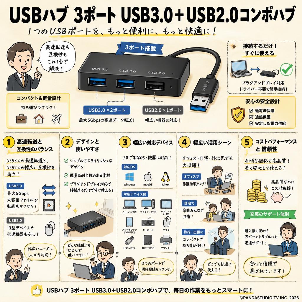 USBハブ 3ポート USB3.0＋USB2.0コンボハブ 概要