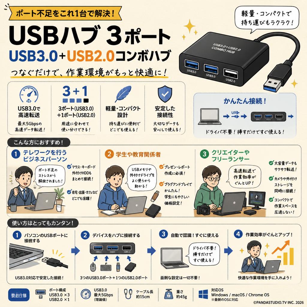 USBハブ 3ポート USB3.0＋USB2.0コンボハブ おもな対象のお客様