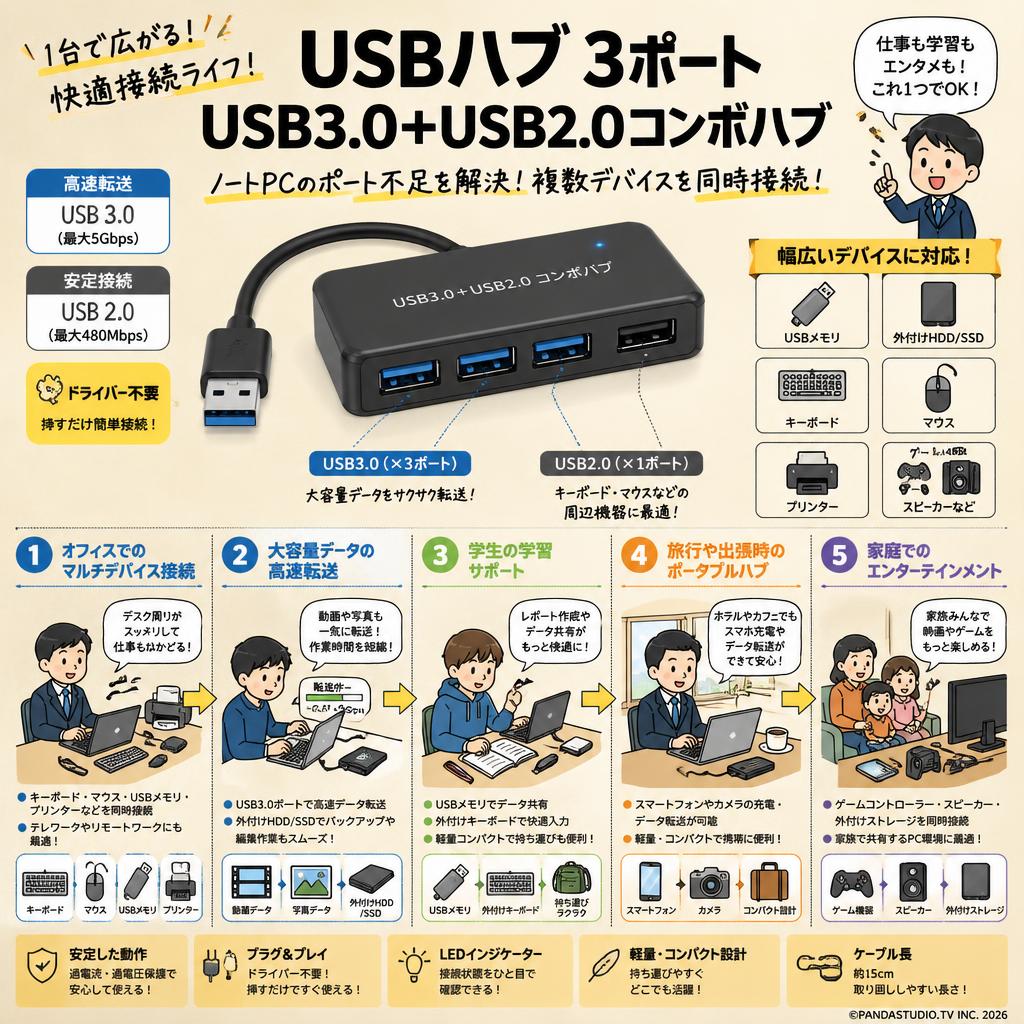 USBハブ 3ポート USB3.0＋USB2.0コンボハブ 用途