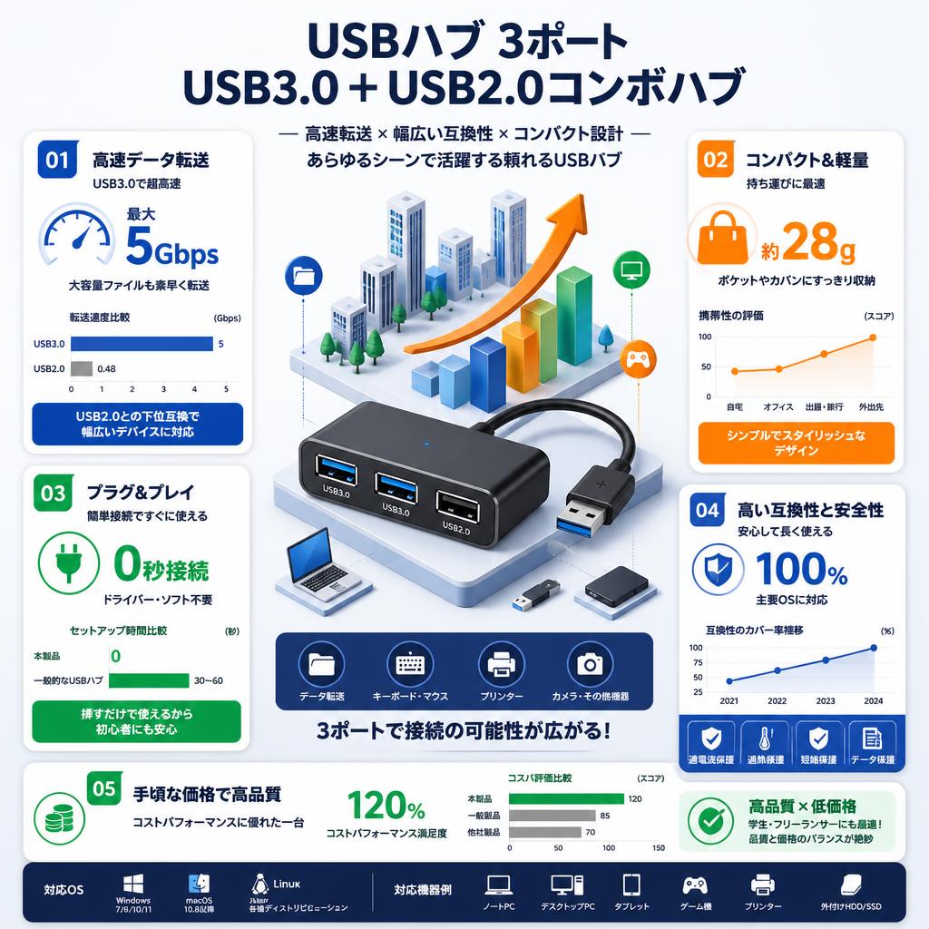 USBハブ 3ポート USB3.0＋USB2.0コンボハブ セールスポイント
