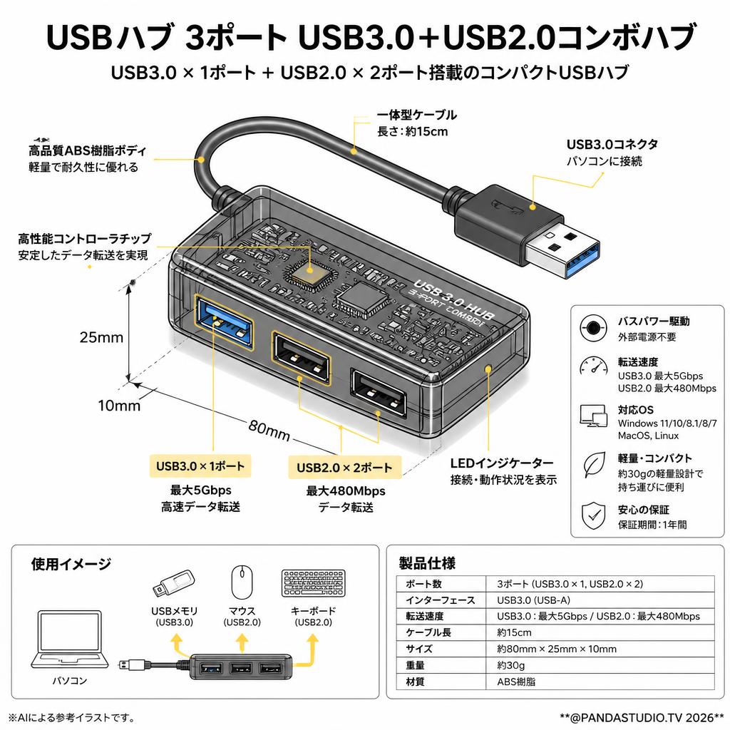 USBハブ 3ポート USB3.0＋USB2.0コンボハブ スペック
