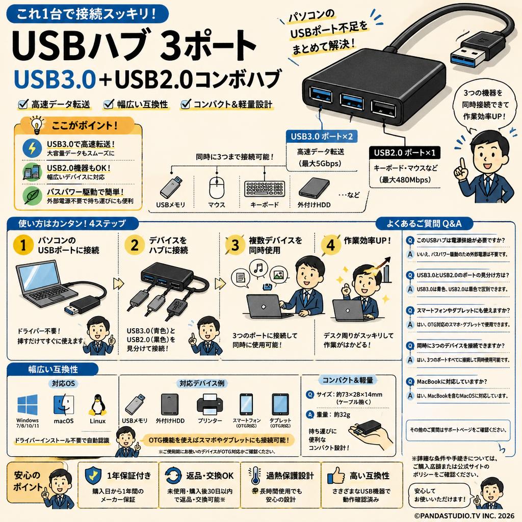 USBハブ 3ポート USB3.0＋USB2.0コンボハブ FAQ（よくある質問と答え）