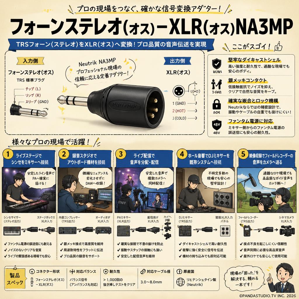 フォーンステレオ(オス)－XLR(オス)NA3MP 用途