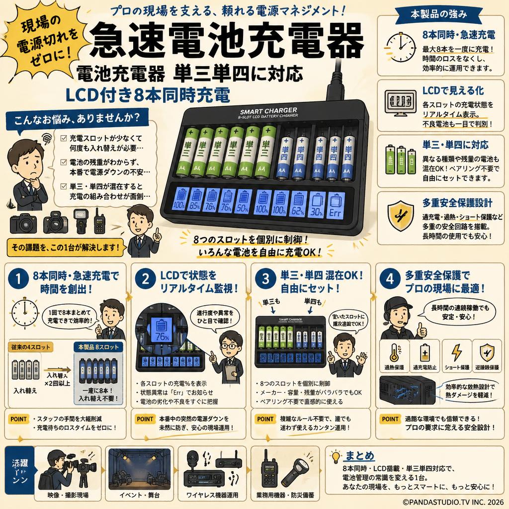 急速電池充電器 電池充電器 単三単四に対応 LCD付き8本同時充電 概要
