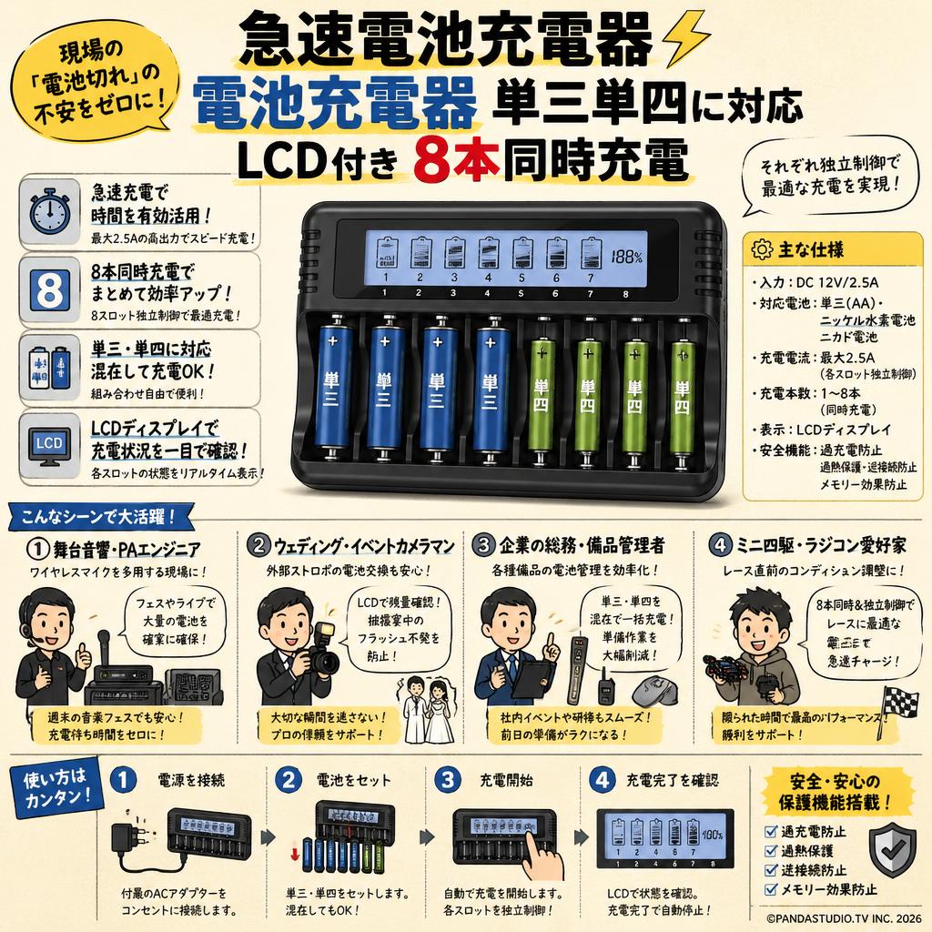 急速電池充電器 電池充電器 単三単四に対応 LCD付き8本同時充電 おもな対象のお客様