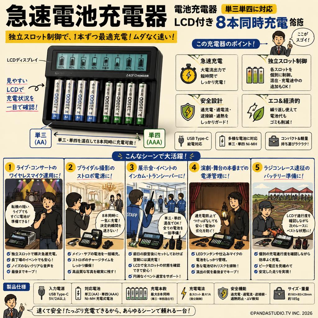 急速電池充電器 電池充電器 単三単四に対応 LCD付き8本同時充電 用途