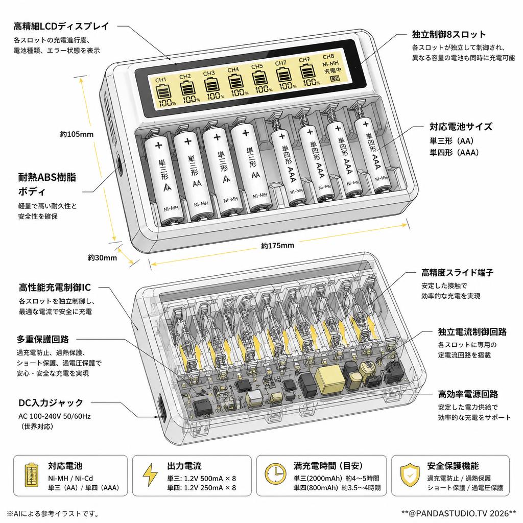 急速電池充電器 電池充電器 単三単四に対応 LCD付き8本同時充電 スペック