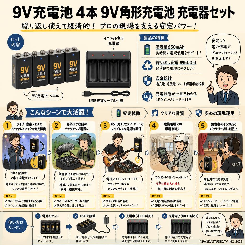 9V充電池 4本9V角形充電池 充電器セット 用途