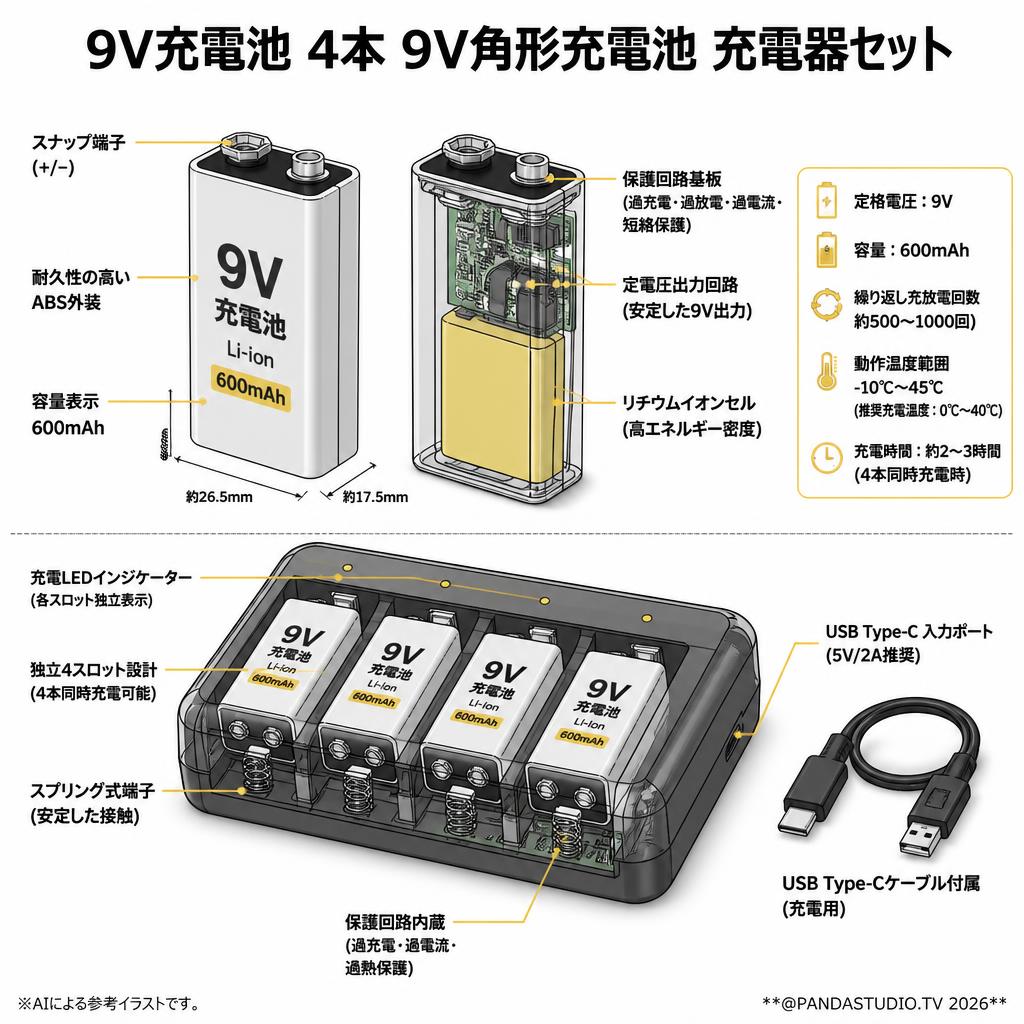 9V充電池 4本9V角形充電池 充電器セット スペック