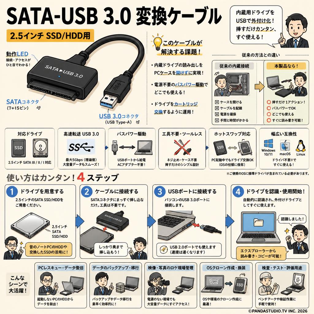 SATA-USB 3.0 変換ケーブル 2.5インチ SSD/HDD用 概要