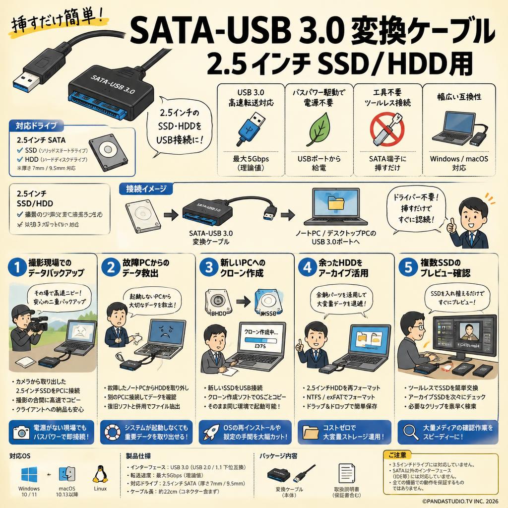 SATA-USB 3.0 変換ケーブル 2.5インチ SSD/HDD用 用途