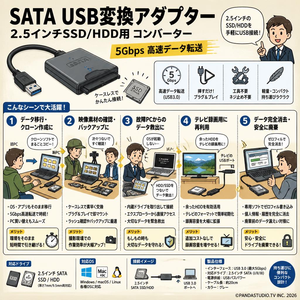 SATA USB変換アダプター 2.5インチSSD /HDD用 コンバーター 5Gbps 高速(グレー） 用途