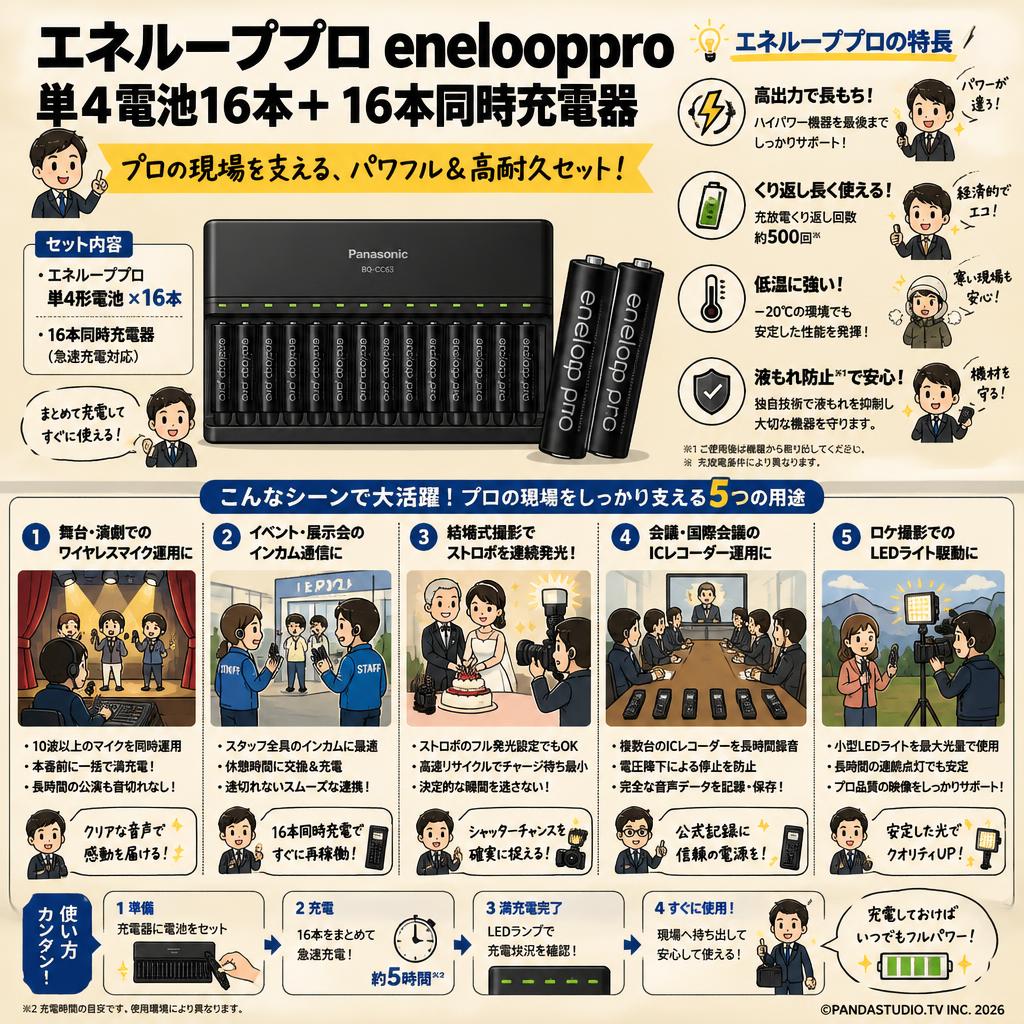 エネループプロ enelooppro 単4電池16本＋ 16本同時充電器 用途