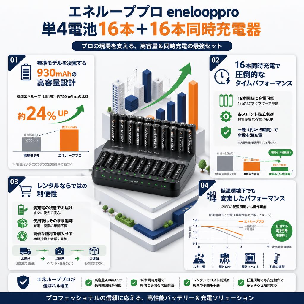 エネループプロ enelooppro 単4電池16本＋ 16本同時充電器 セールスポイント