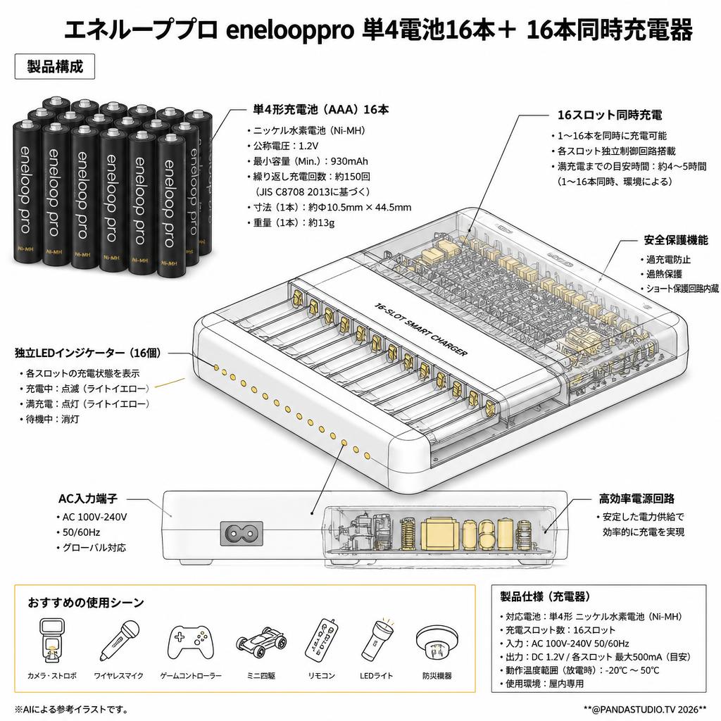 エネループプロ enelooppro 単4電池16本＋ 16本同時充電器 スペック