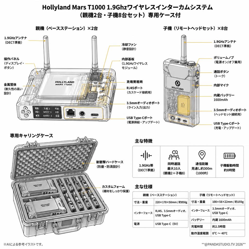 Hollyland Mars T1000 1.9Ghzワイヤレスインターカムシステム（親機2台・子機8台セット） 専用ケース付 スペック