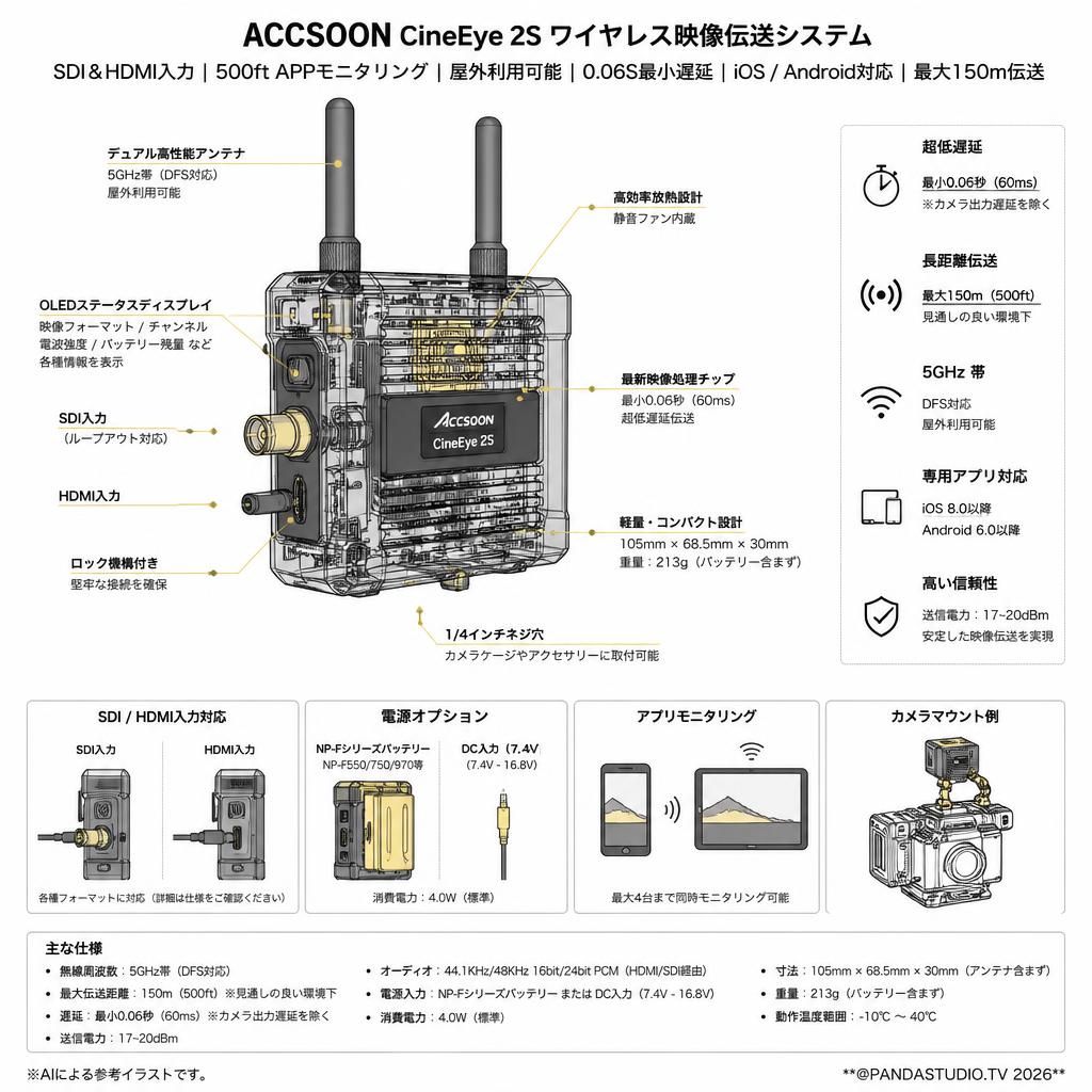 ACCSOON CineEye 2S SDI＆HDMI入力 500ft APPモニタリング 屋外利用可能 0.06S最小遅延 iOS  Andriod用 無線映像転送システム(最大150m） スペック