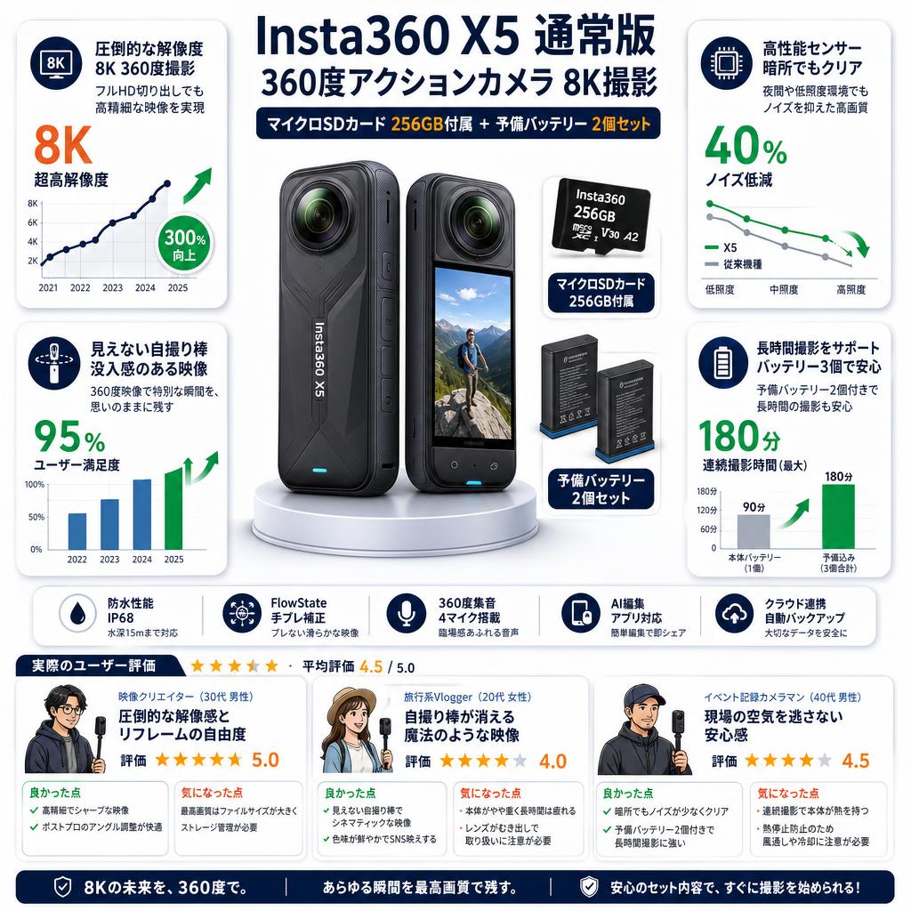 Insta360 X5 通常版 360度アクションカメラ 8K撮影 ( マイクロSDカード 256GB付属 ）+ 予備バッテリー 2個セット インターネット上のお客様の声（評判）