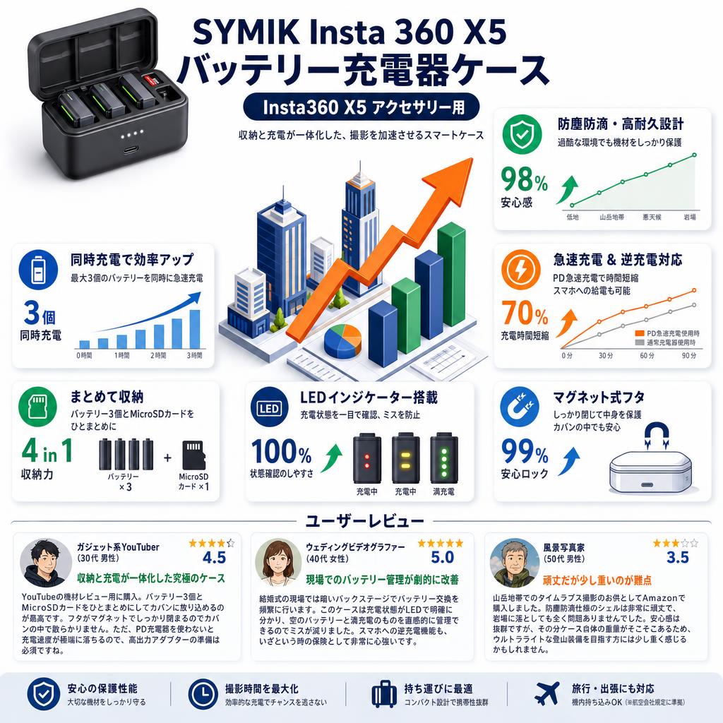 SYMIK Insta 360 X5 バッテリー充電器ケース  (Insta360 X5 アクセサリー用) インターネット上のお客様の声（評判）