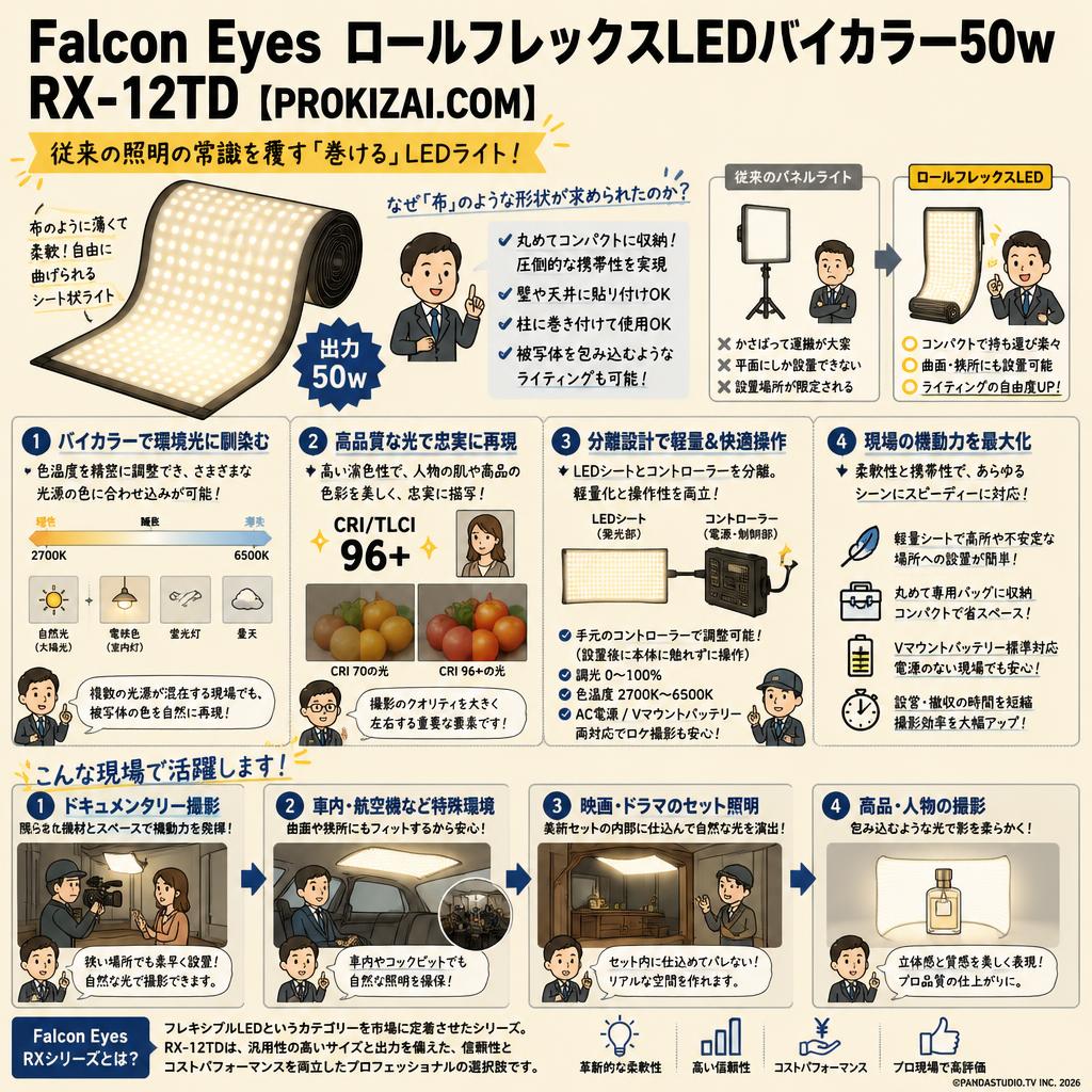 Falcon Eyes ロールフレックスLEDバイカラー50w RX-12TD【PROKIZAI.COM】 概要