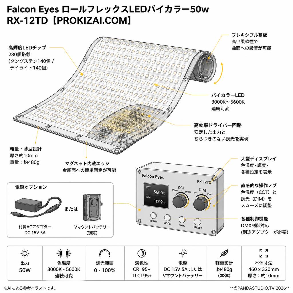 Falcon Eyes ロールフレックスLEDバイカラー50w RX-12TD【PROKIZAI.COM】 スペック