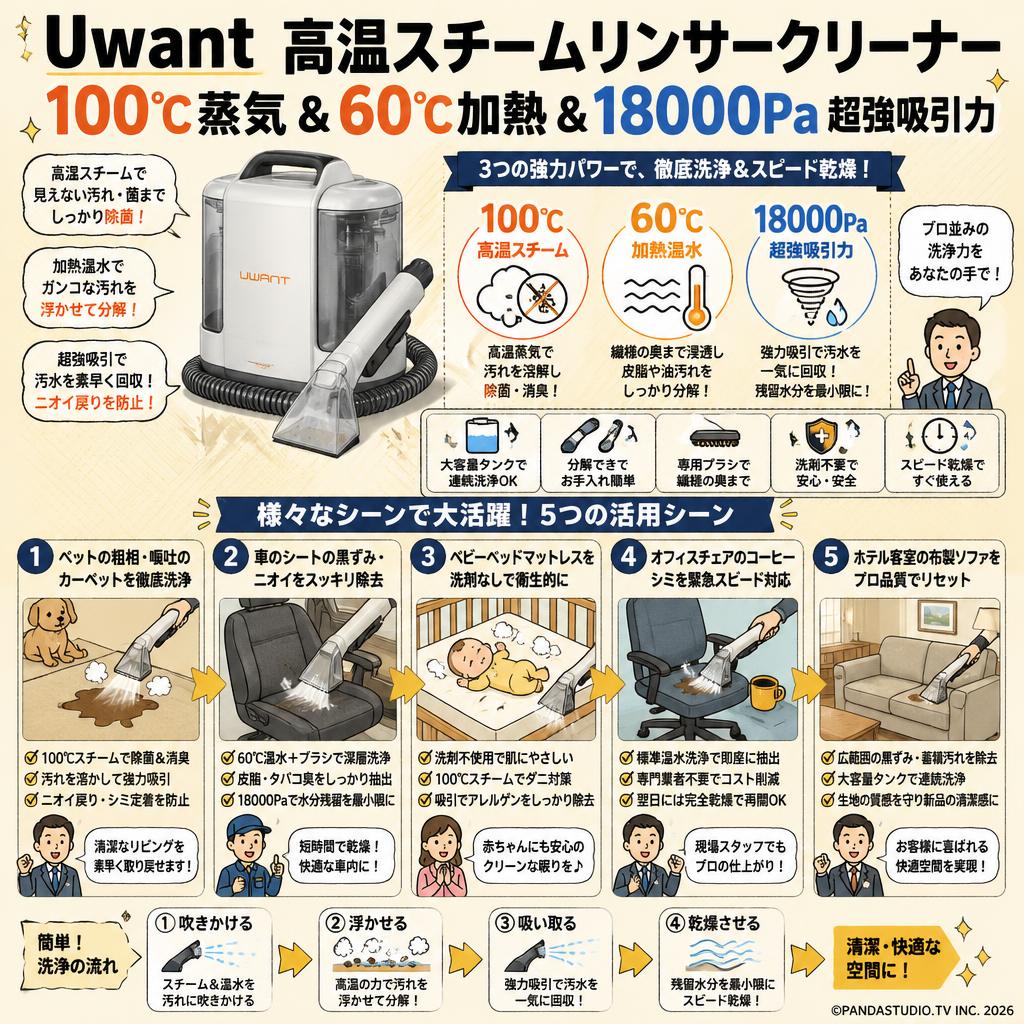 Uwant 高温スチームリンサークリーナー100℃蒸気&60℃加熱&18000Pa超強吸引力 B400マルチポイント洗浄機 用途