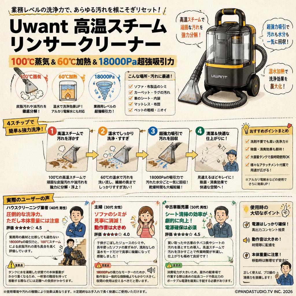Uwant 高温スチームリンサークリーナー100℃蒸気&60℃加熱&18000Pa超強吸引力 B400マルチポイント洗浄機 インターネット上のお客様の声（評判）