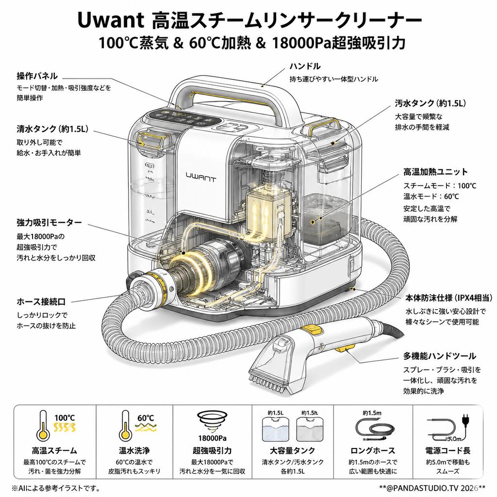 Uwant 高温スチームリンサークリーナー100℃蒸気&60℃加熱&18000Pa超強吸引力 B400マルチポイント洗浄機 スペック