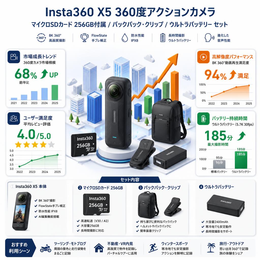 Insta360 X5 360度アクションカメラ マイクロSDカード 256GB付属 / バックパック・クリップ / ウルトラバッテリー セット インターネット上のお客様の声（評判）