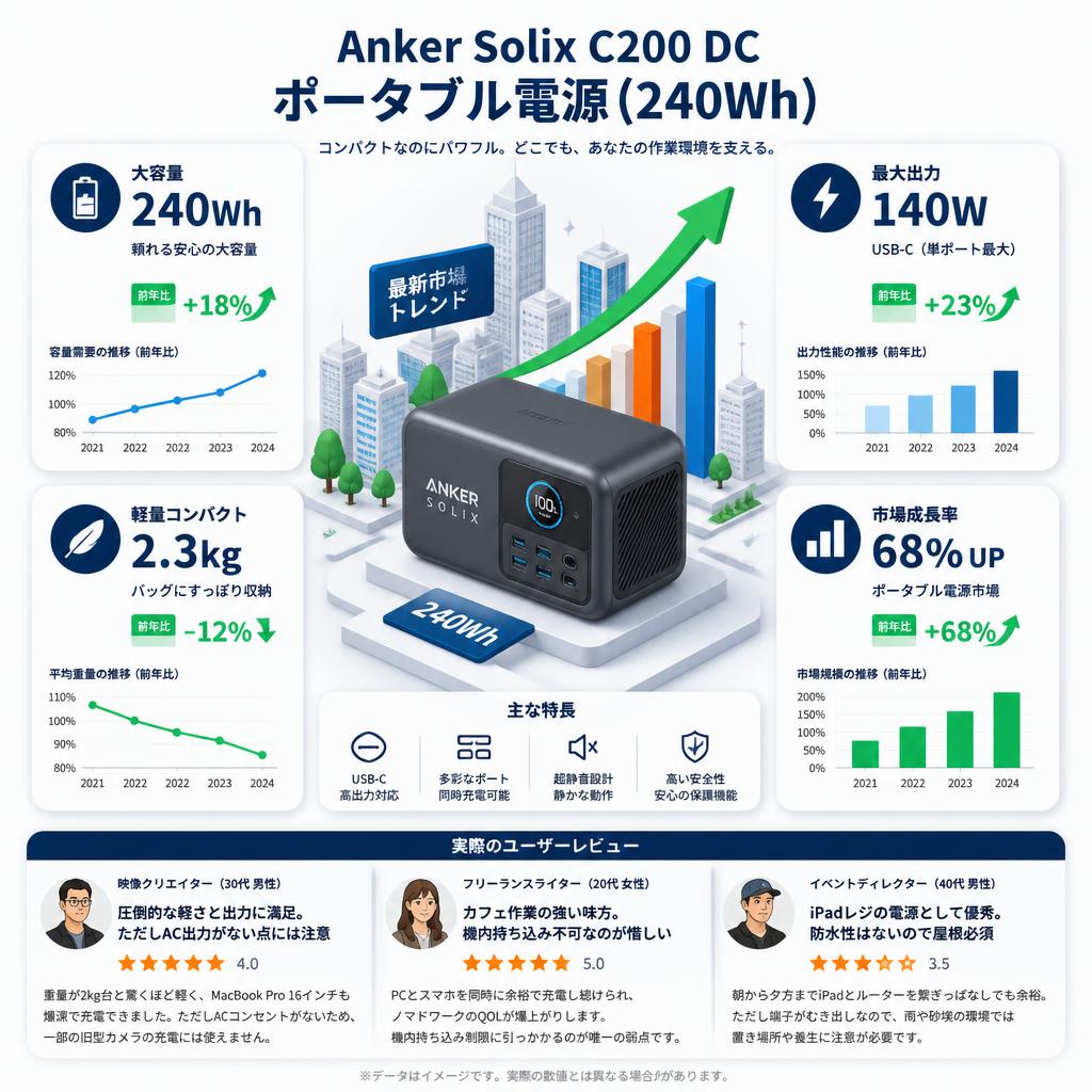 Anker Solix C200 DC Portable Power Station (240Wh ポータブル電源 )  ダークグレー インターネット上のお客様の声（評判）
