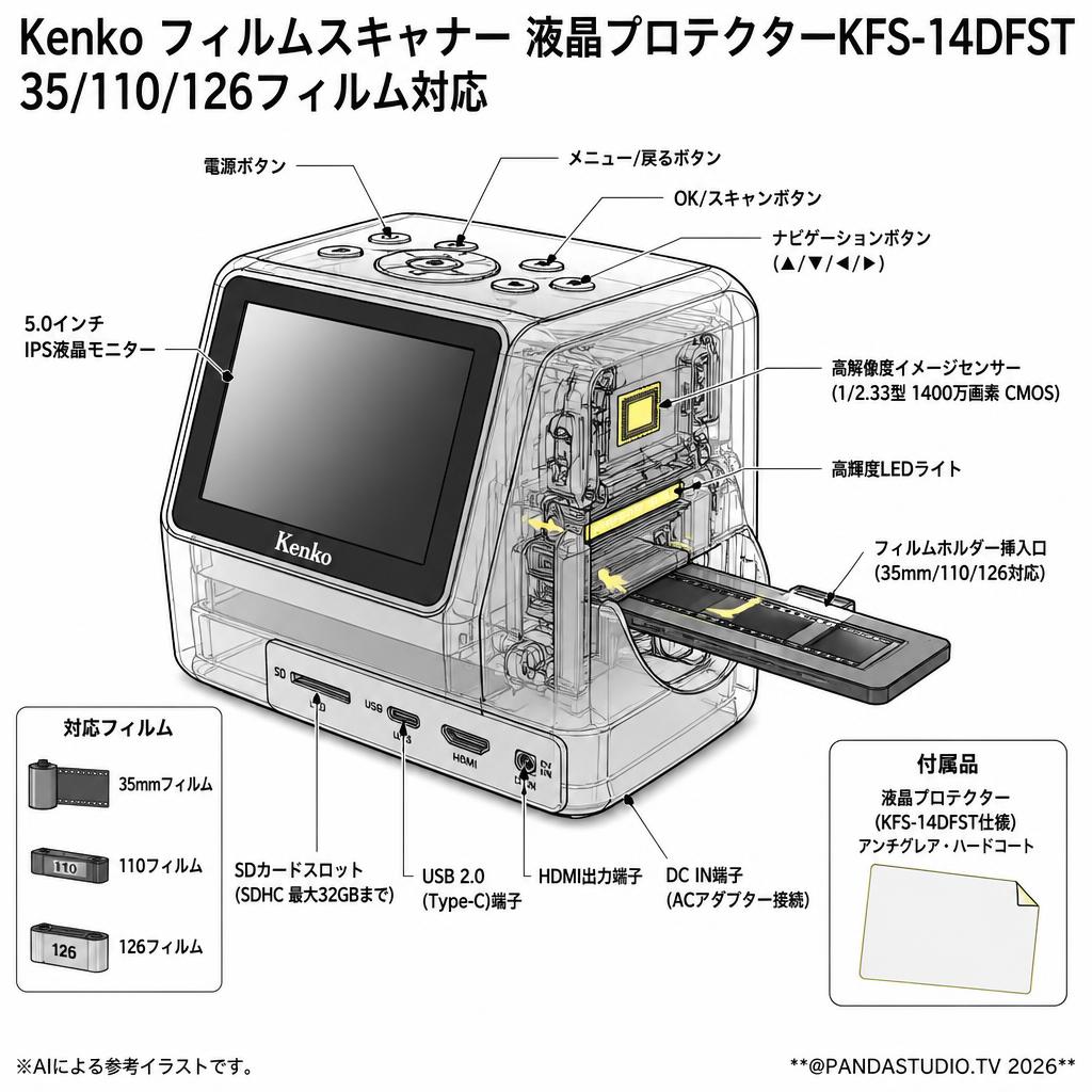 Kenko フィルムスキャナー 液晶プロテクターKFS-14DFST 35/110/126フィルム対応 スペック