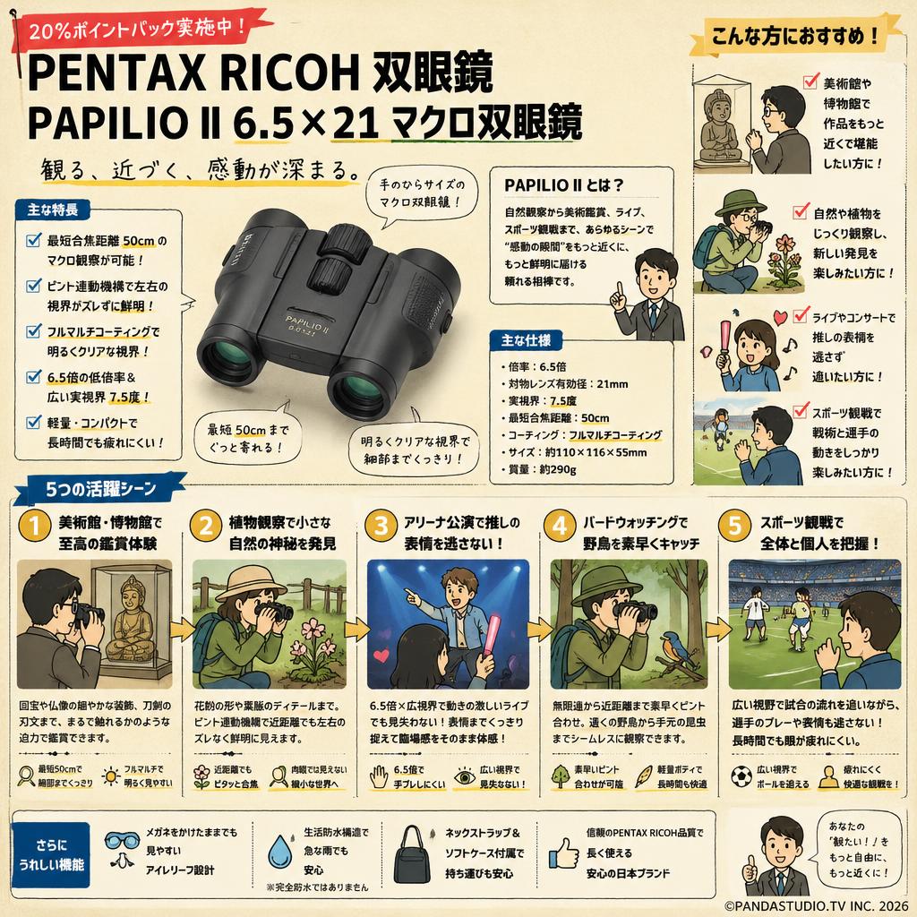 【20%ポイントバック実施中】PENTAX RICOH 双眼鏡 PAPILIO II 6.5×21 マクロ双眼鏡 用途