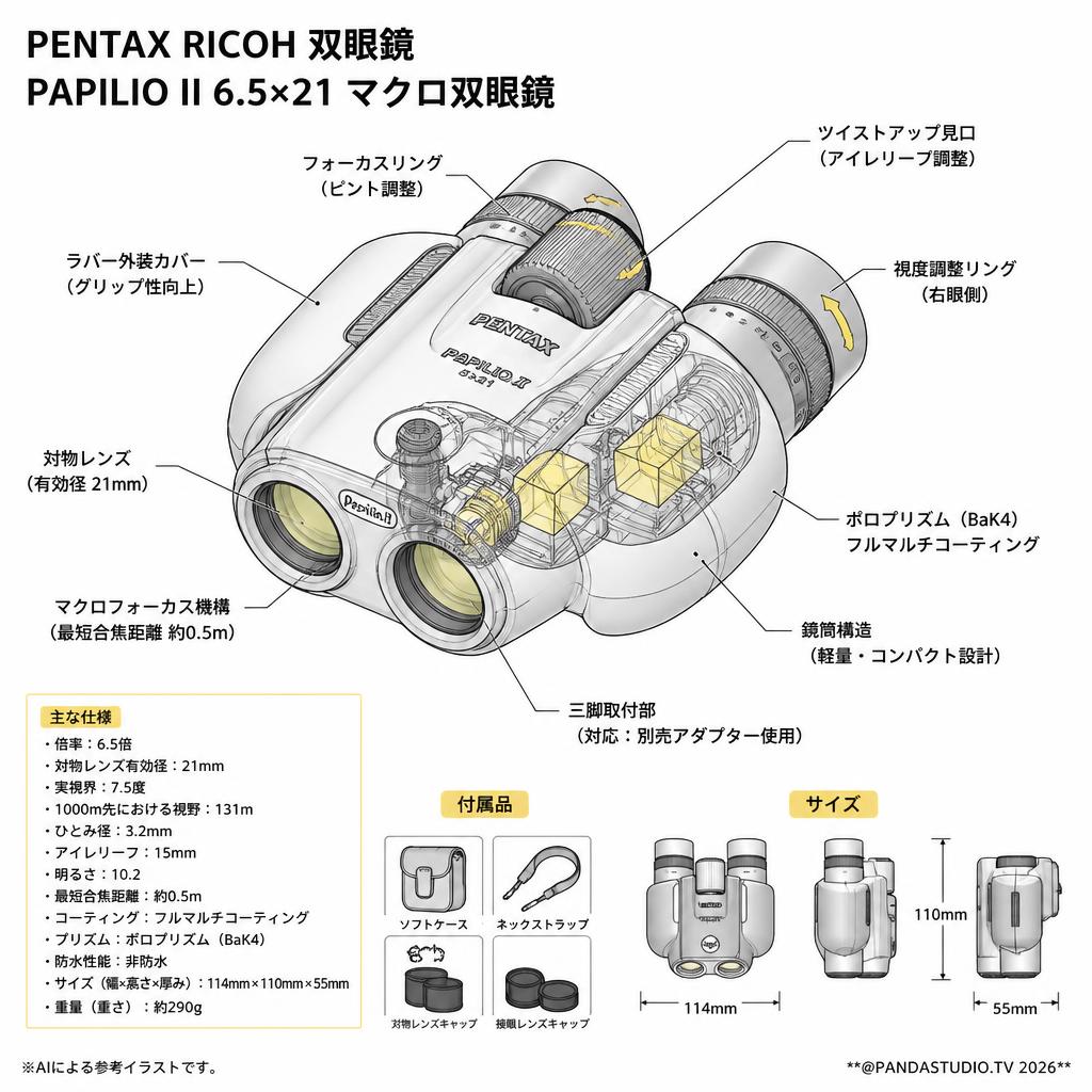 【20%ポイントバック実施中】PENTAX RICOH 双眼鏡 PAPILIO II 6.5×21 マクロ双眼鏡 スペック