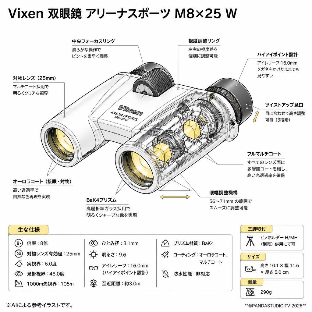 【20%ポイントバック実施中】Vixen 双眼鏡 アリーナスポーツ M8×25 W スペック