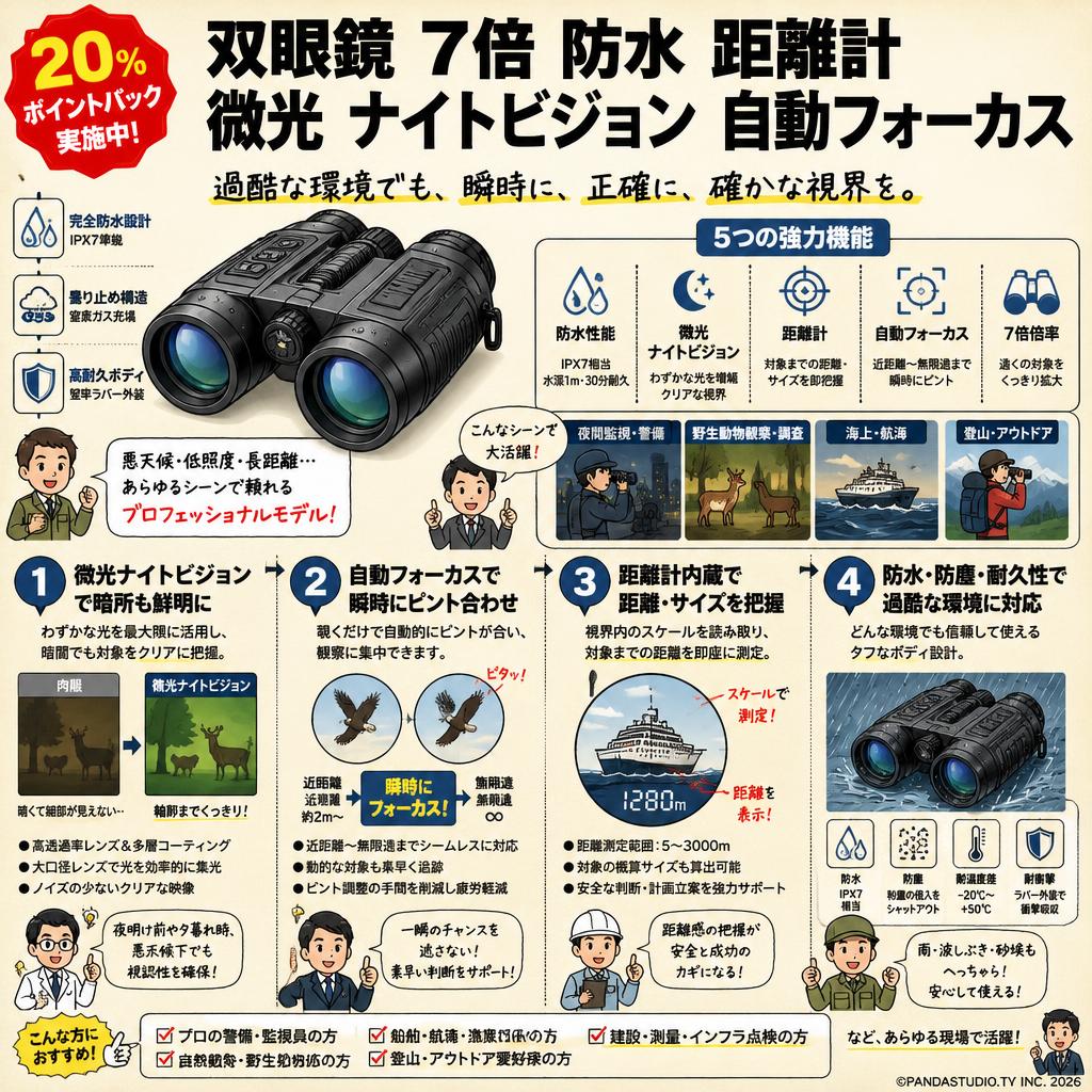 【20%ポイントバック実施中】双眼鏡 7倍 防水 距離計 微光 ナイトビジョン 自動フォーカス 概要