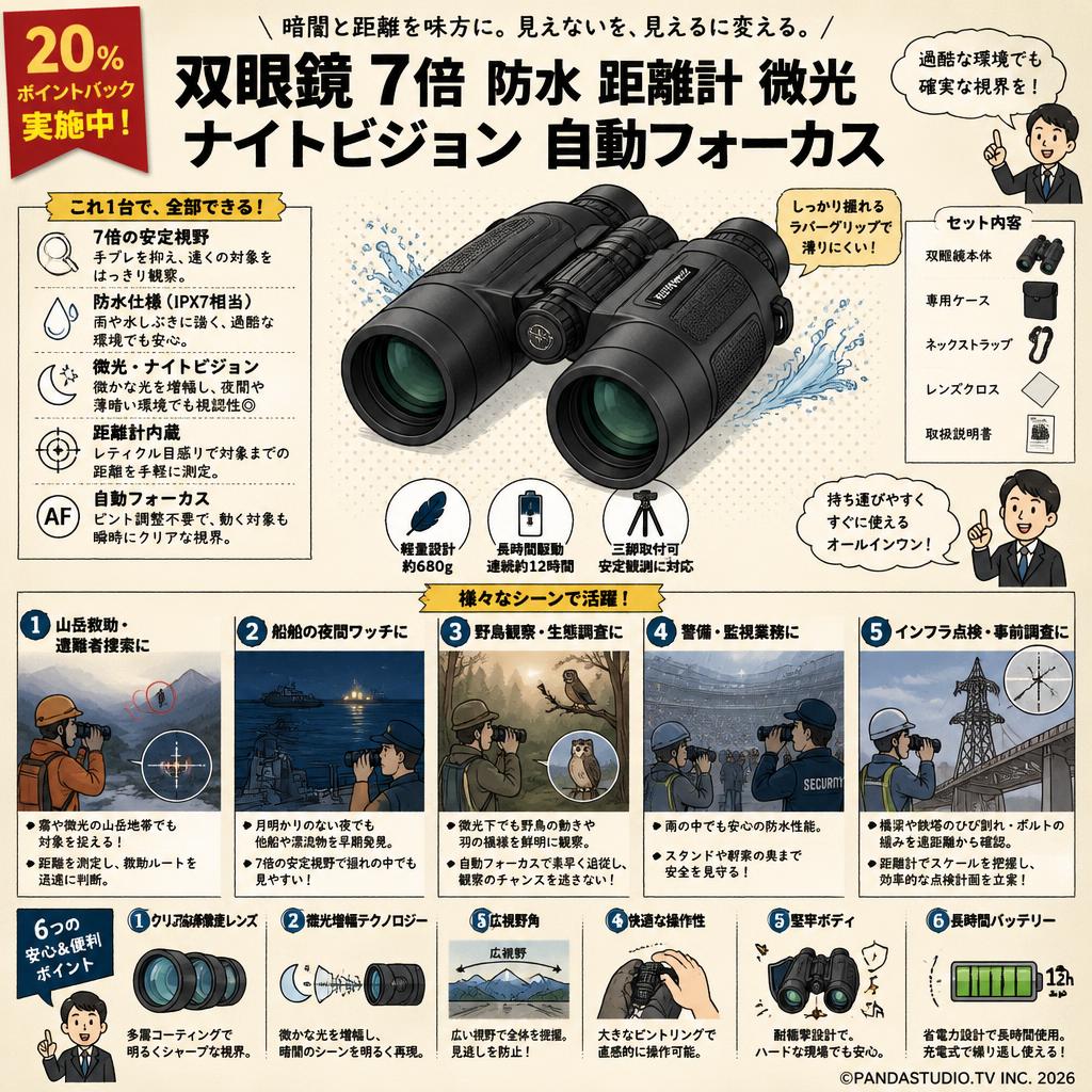 【20%ポイントバック実施中】双眼鏡 7倍 防水 距離計 微光 ナイトビジョン 自動フォーカス 用途