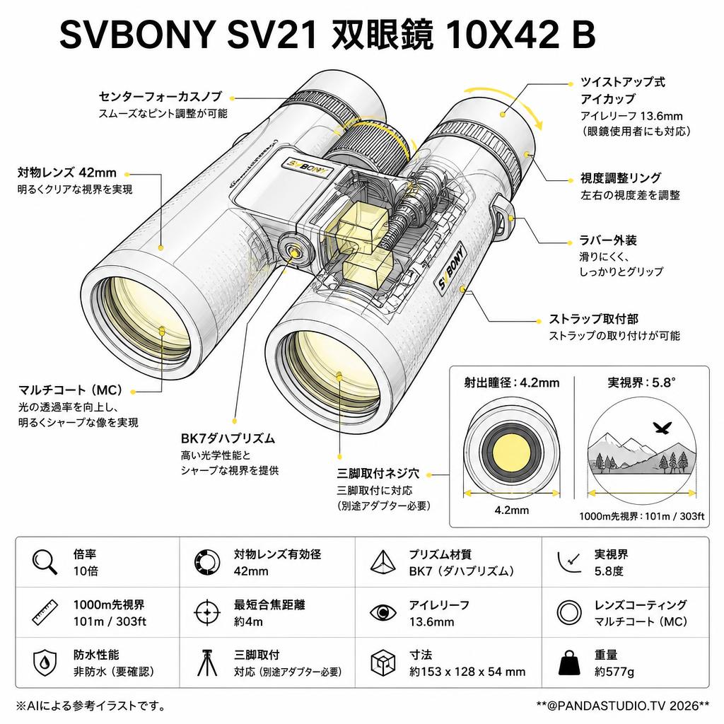 【20%ポイントバック実施中】SVBONY SV21 双眼鏡 10X42 B スペック