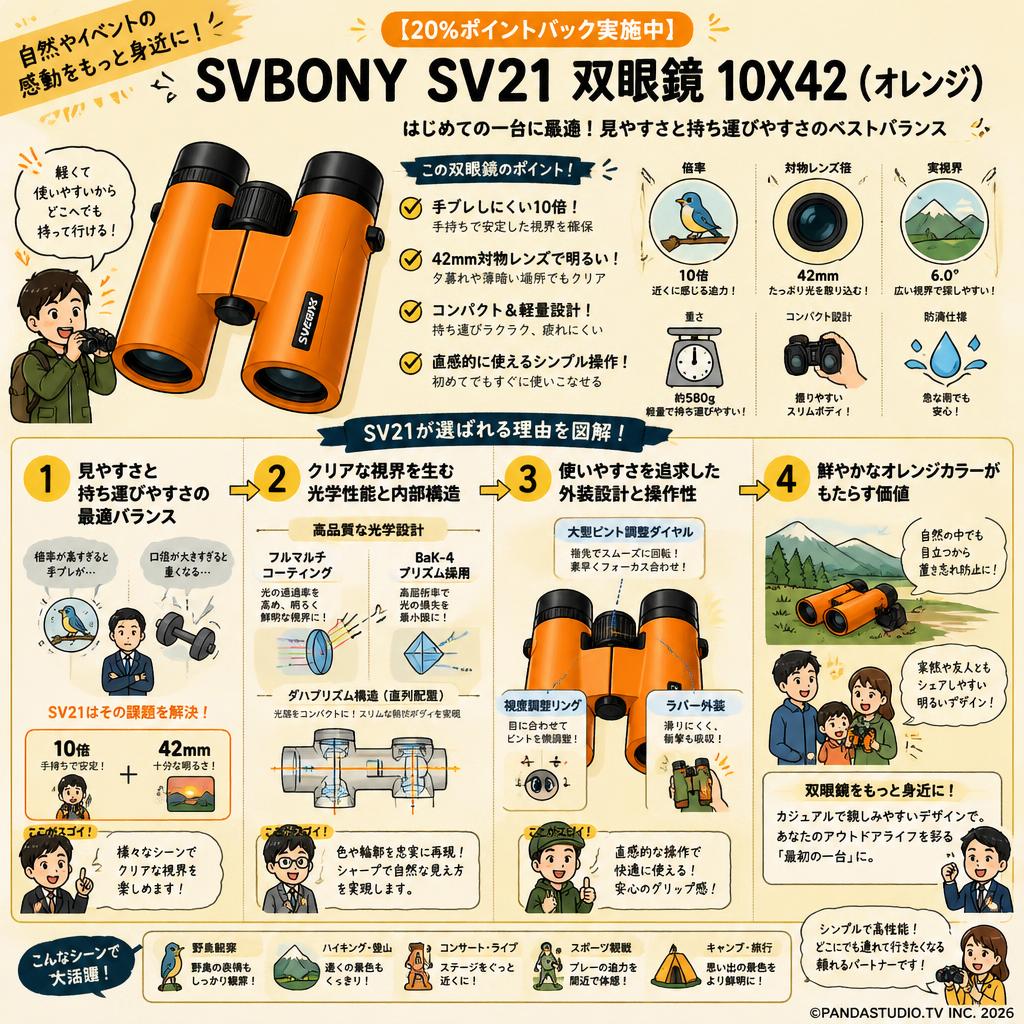 【20%ポイントバック実施中】SVBONY SV21 双眼鏡 10X42 （オレンジ） 概要