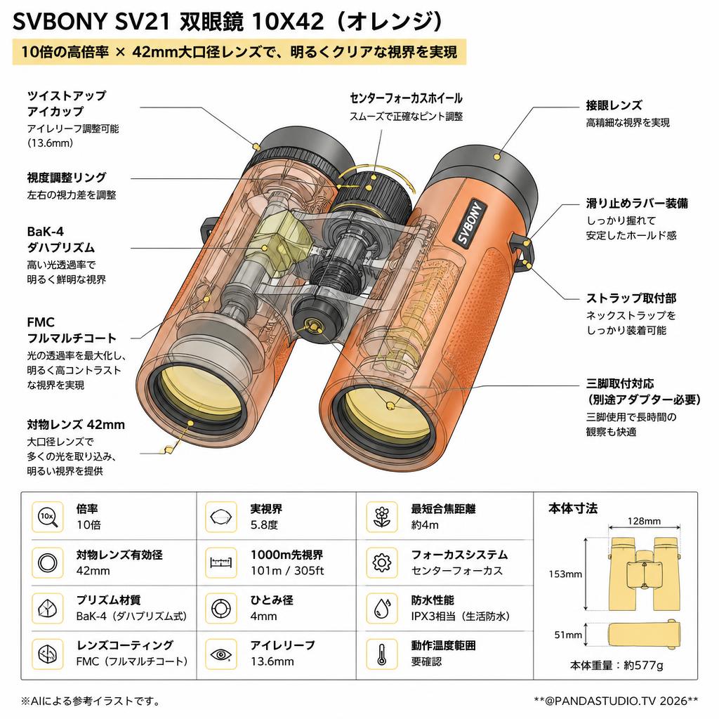 【20%ポイントバック実施中】SVBONY SV21 双眼鏡 10X42 （オレンジ） スペック