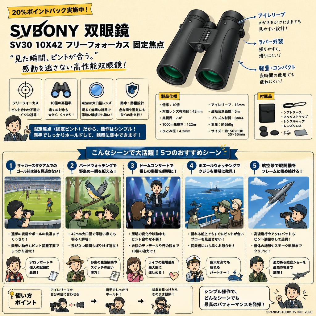 【20%ポイントバック実施中】SVBONY 双眼鏡 SV30 10X42 フリーフォーカス 固定焦点 用途