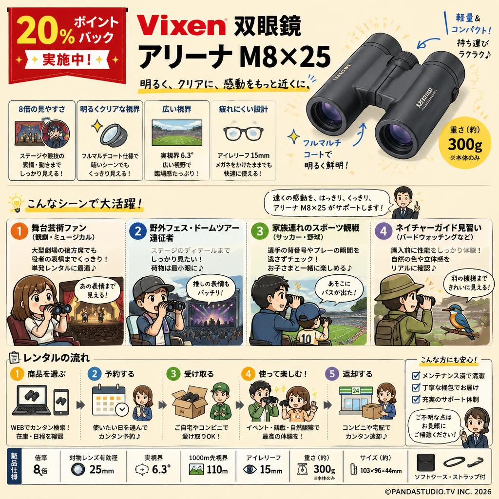 【20%ポイントバック実施中】Vixen 双眼鏡 アリーナ M8×25 おもな対象のお客様