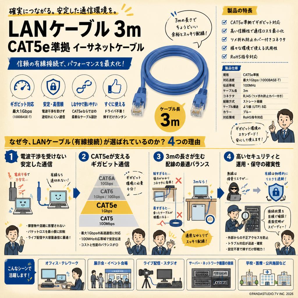 LANケーブル 3m CAT5e準拠 イーサネットケーブル 概要